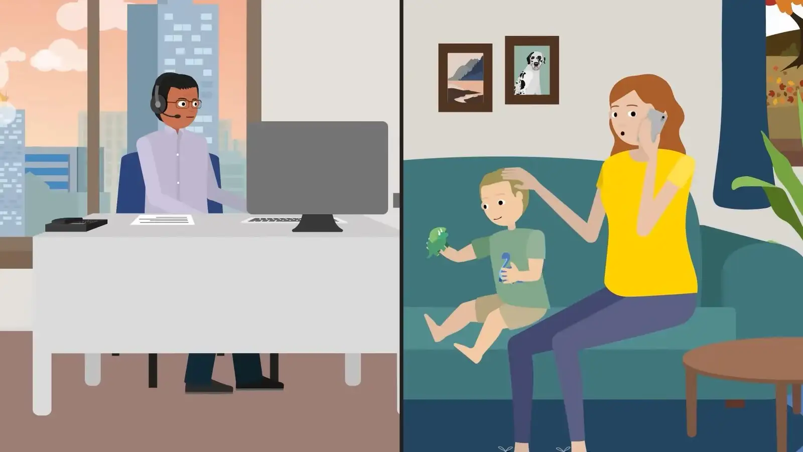 Animated scene: a care team member on a headset at his desk and a mother on the phone with her young son
